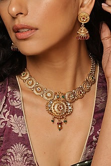 Gold Finish Multi-Colored Stone Necklace Set