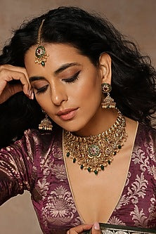 Gold Finish Emerald Synthetic Stone Choker Necklace Set