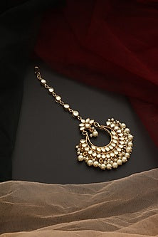 Gold Finish Kundan Polki & Pearl Maangtikka