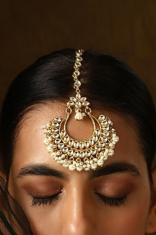 Gold Finish Kundan Polki & Pearl Maangtikka