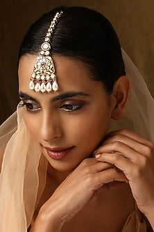 Gold Finish Kundan Polki & Pearl Maangtikka