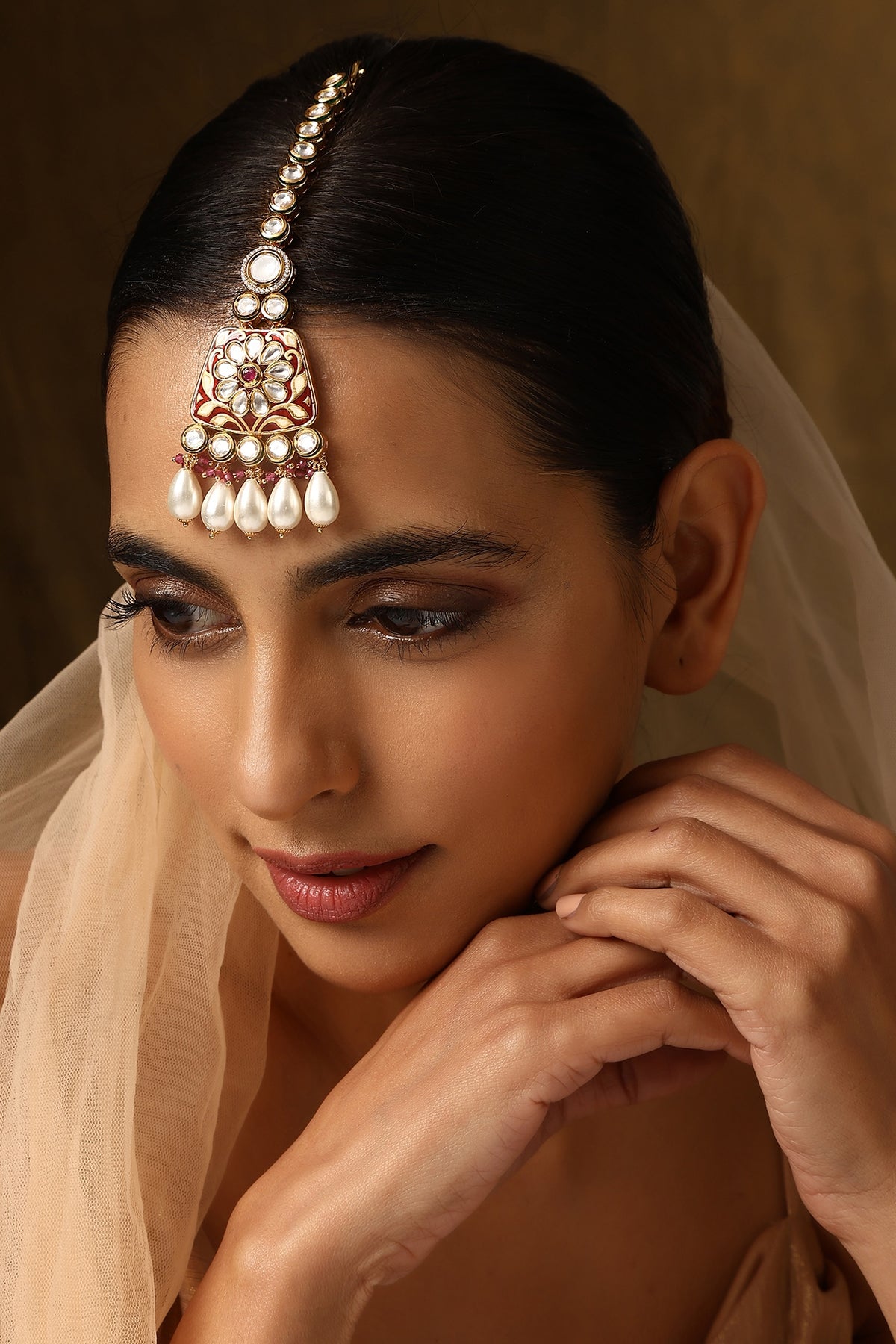 Gold Finish Kundan Polki & Pearl Maangtikka