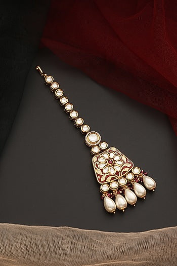 Gold Finish Kundan Polki & Pearl Maangtikka
