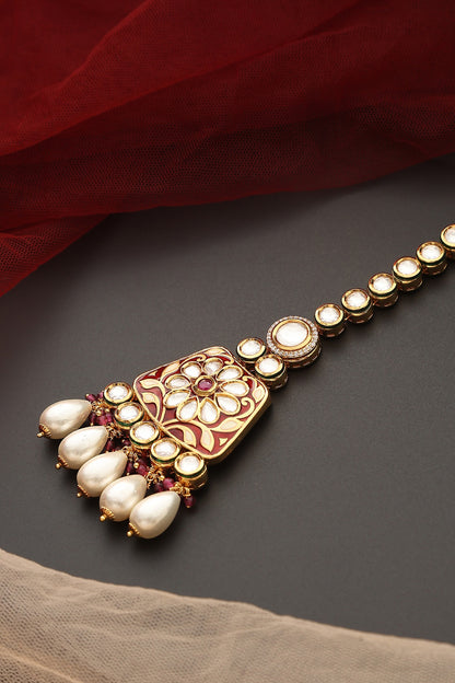 Gold Finish Kundan Polki & Pearl Maangtikka