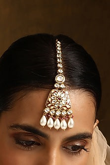 Gold Finish Kundan Polki & Pearl Maangtikka