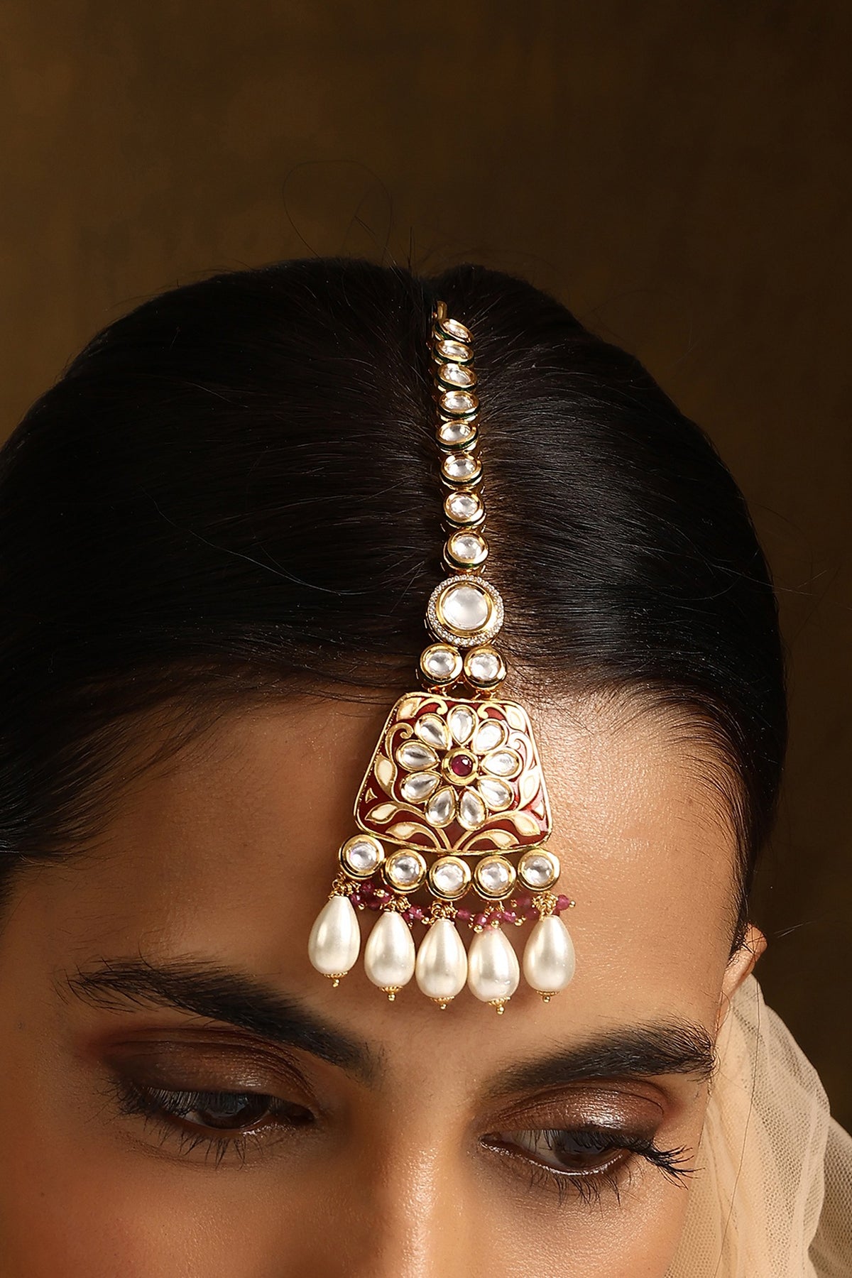 Gold Finish Kundan Polki & Pearl Maangtikka