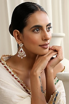 Rose Gold Finish Red Kundan Polki Handcrafted Chandbali Earrings