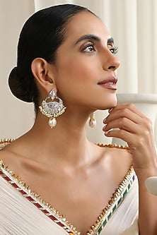 Gold Finish Silver Kundan Polki Handcrafted Chandbali Earrings
