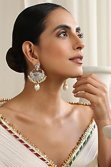 Gold Finish Silver Kundan Polki Handcrafted Chandbali Earrings