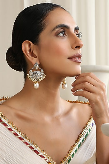 Gold Finish Silver Kundan Polki Handcrafted Chandbali Earrings