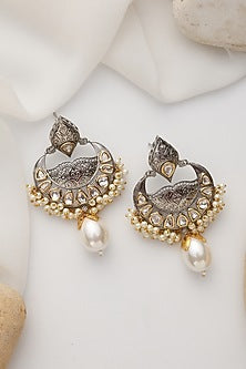 Gold Finish Silver Kundan Polki Handcrafted Chandbali Earrings