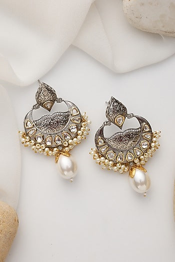 Gold Finish Silver Kundan Polki Handcrafted Chandbali Earrings