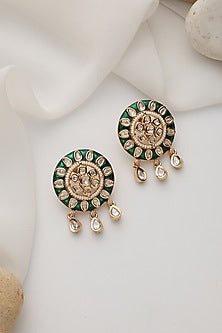 Rose Gold Finish Green Kundan Polki Handcrafted Stud Earrings
