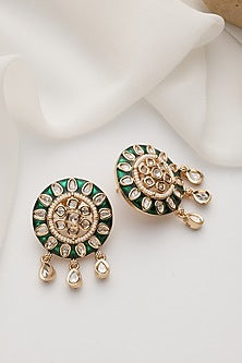 Rose Gold Finish Green Kundan Polki Handcrafted Stud Earrings