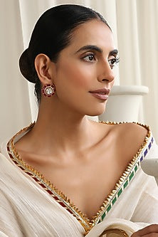 Gold Finish Red Kundan Polki Handcrafted Stud Earrings