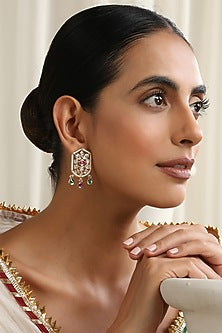 Rose Gold Finish Multi-Colored Kundan Polki Handcrafted Stud Earrings
