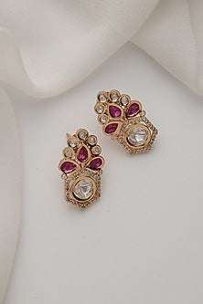 Rose Gold Finish Red Kundan Polki Handcrafted Stud Earrings