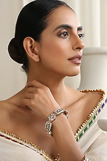 Rose Gold Finish Green Kundan Polki Handcrafted Openable Bracelet
