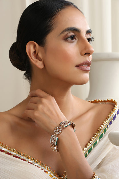 Rose Gold Finish Green Kundan Polki Handcrafted Openable Bracelet