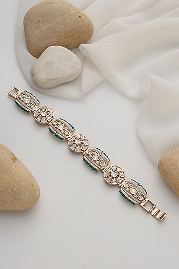 Rose Gold Finish Green Kundan Polki Handcrafted Openable Bracelet