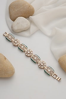 Rose Gold Finish Green Kundan Polki Handcrafted Openable Bracelet