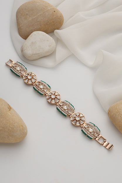 Rose Gold Finish Green Kundan Polki Handcrafted Openable Bracelet