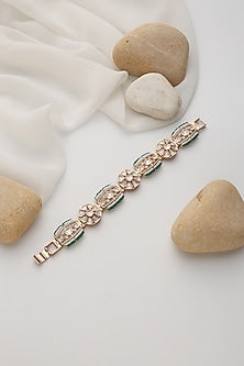 Rose Gold Finish Green Kundan Polki Handcrafted Openable Bracelet