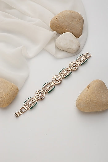 Rose Gold Finish Green Kundan Polki Handcrafted Openable Bracelet