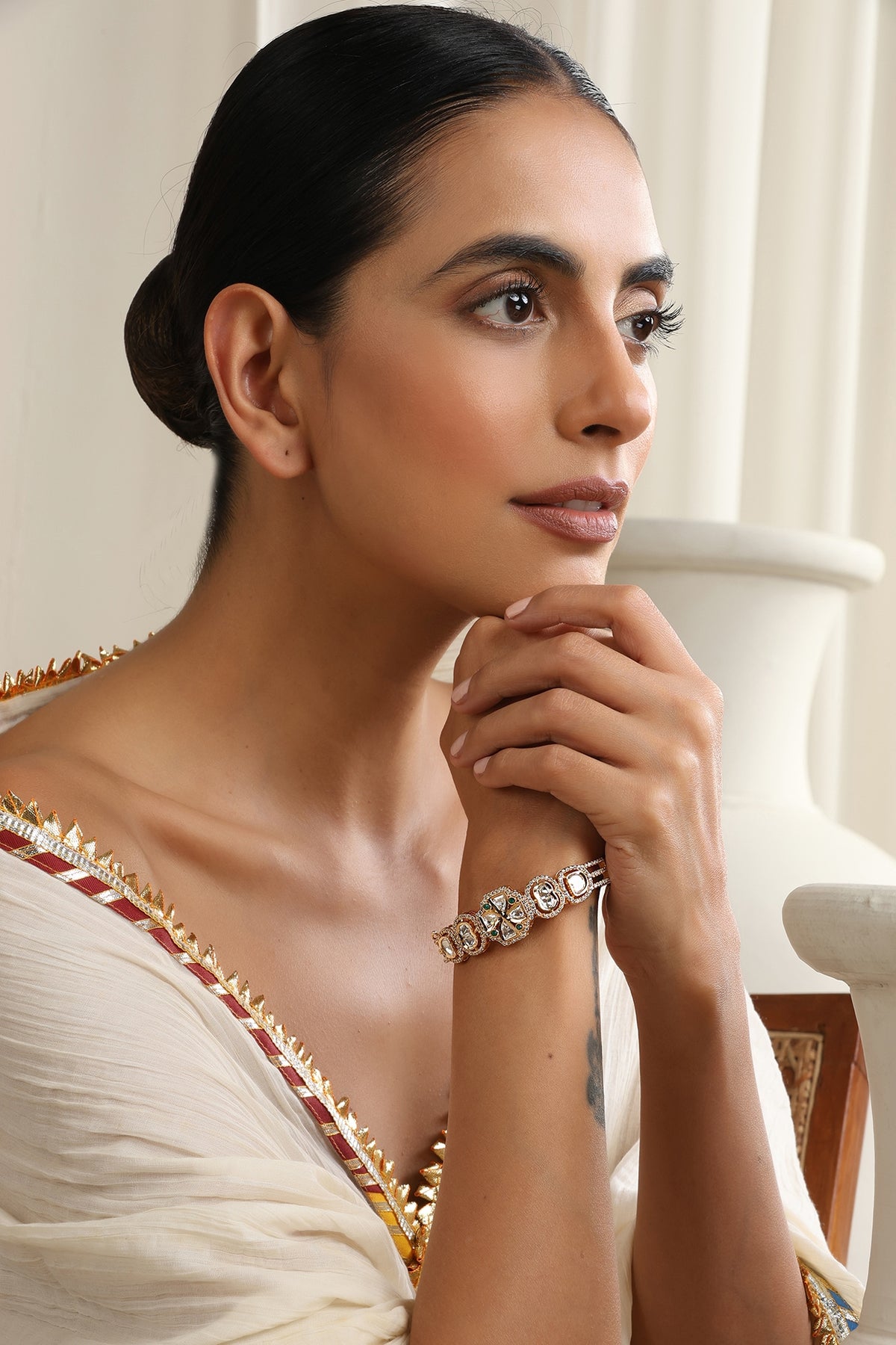 Rose Gold Finish Green Kundan Polki Handcrafted Openable Bracelet
