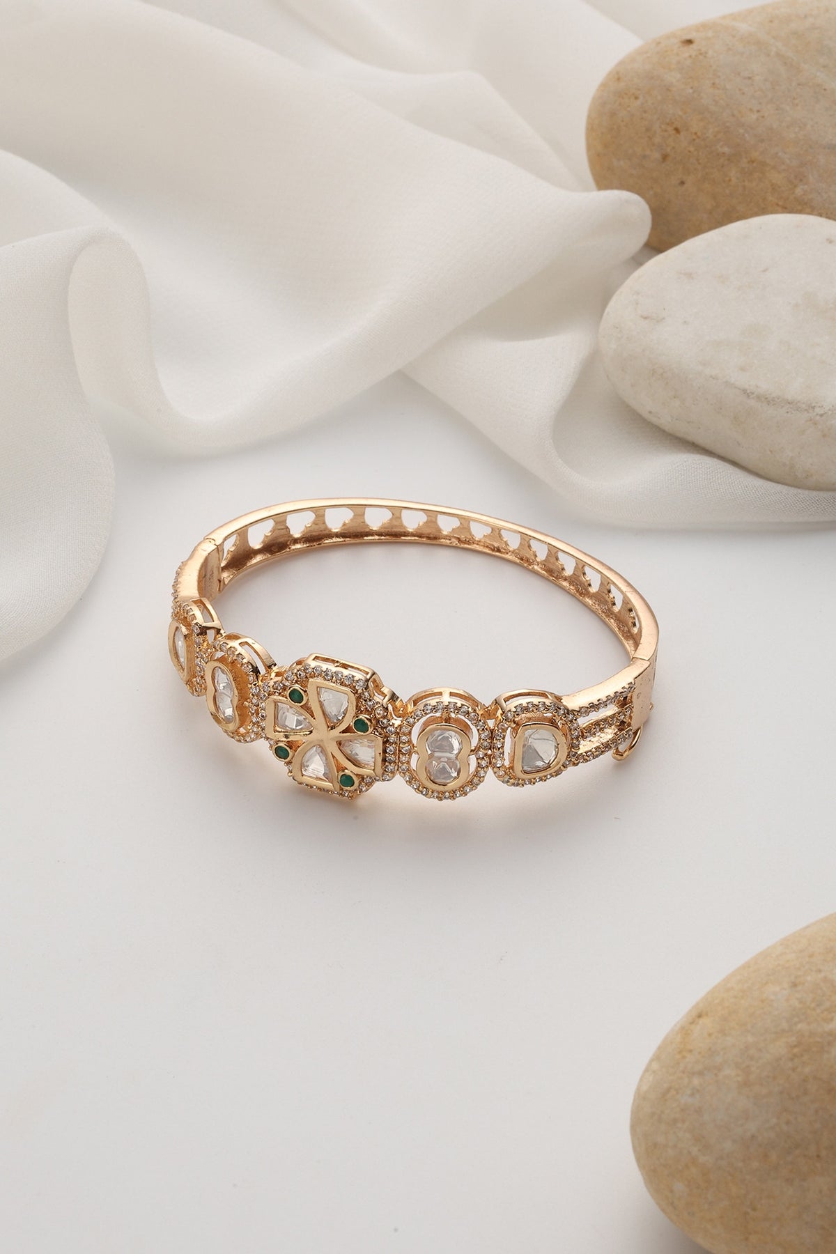 Rose Gold Finish Green Kundan Polki Handcrafted Openable Bracelet