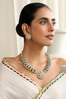 Gold Finish Green Kundan Polki Handcrafted Necklace Set