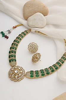 Gold Finish Green Kundan Polki Handcrafted Necklace Set