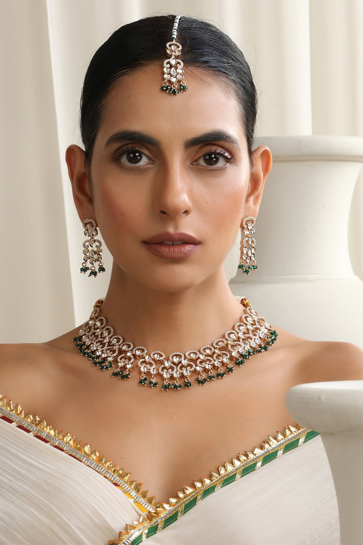 Rose Gold Finish Green Kundan Polki Handcrafted Necklace Set