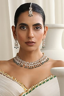 Rose Gold Finish Green Kundan Polki Handcrafted Necklace Set