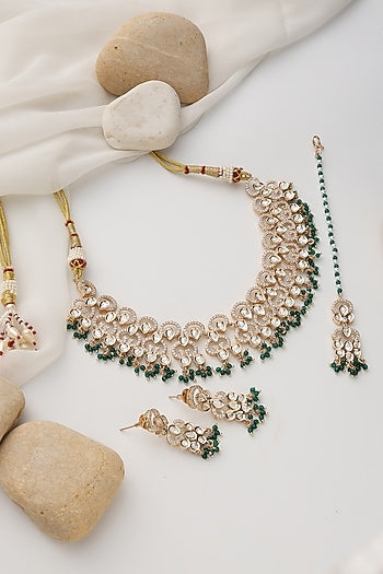 Rose Gold Finish Green Kundan Polki Handcrafted Necklace Set