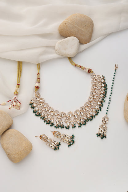 Rose Gold Finish Green Kundan Polki Handcrafted Necklace Set