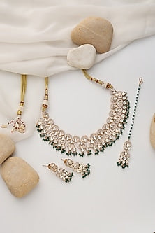 Rose Gold Finish Green Kundan Polki Handcrafted Necklace Set