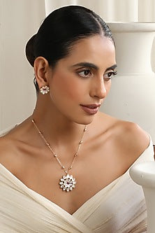 Rose Gold Finish Red Kundan Polki Handcrafted Pendant Necklace Set