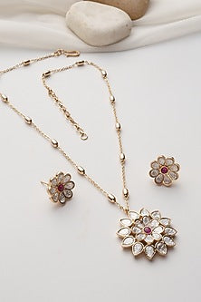 Rose Gold Finish Red Kundan Polki Handcrafted Pendant Necklace Set