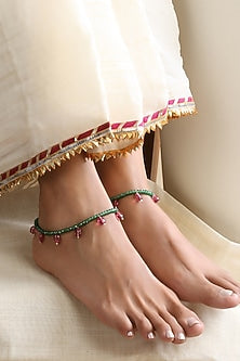 Gold Finish Green & Red Beaded Handcrafted Anklets (Set Of 2)