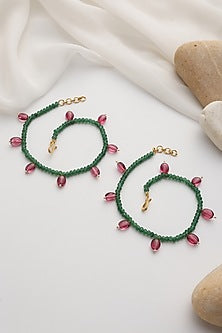 Gold Finish Green & Red Beaded Handcrafted Anklets (Set Of 2)