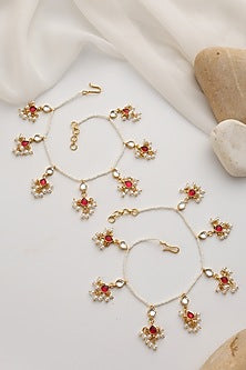 Gold Finish Red Kundan Polki Handcrafted Anklets (Set Of 2)