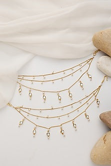 Gold Finish Kundan Polki & Pearl Handcrafted Anklets (Set Of 2)