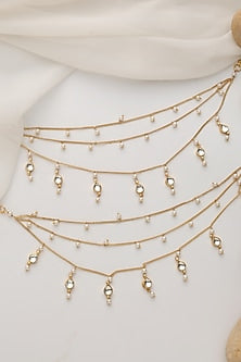 Gold Finish Kundan Polki & Pearl Handcrafted Anklets (Set Of 2)