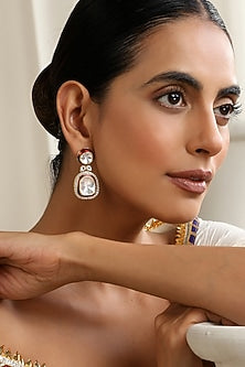 Gold Finish Red Kundan Polki Dangler Earrings