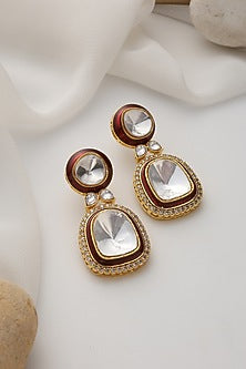 Gold Finish Red Kundan Polki Dangler Earrings