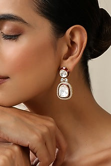 Gold Finish Red Kundan Polki Dangler Earrings