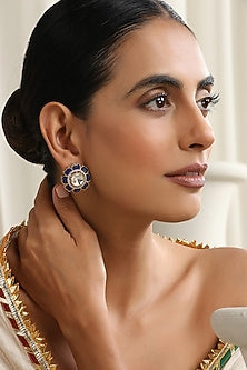 Gold Finish Blue Kundan Polki Stud Earrings