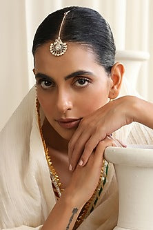 Rose Gold Finish Green Kundan Polki Maangtikka