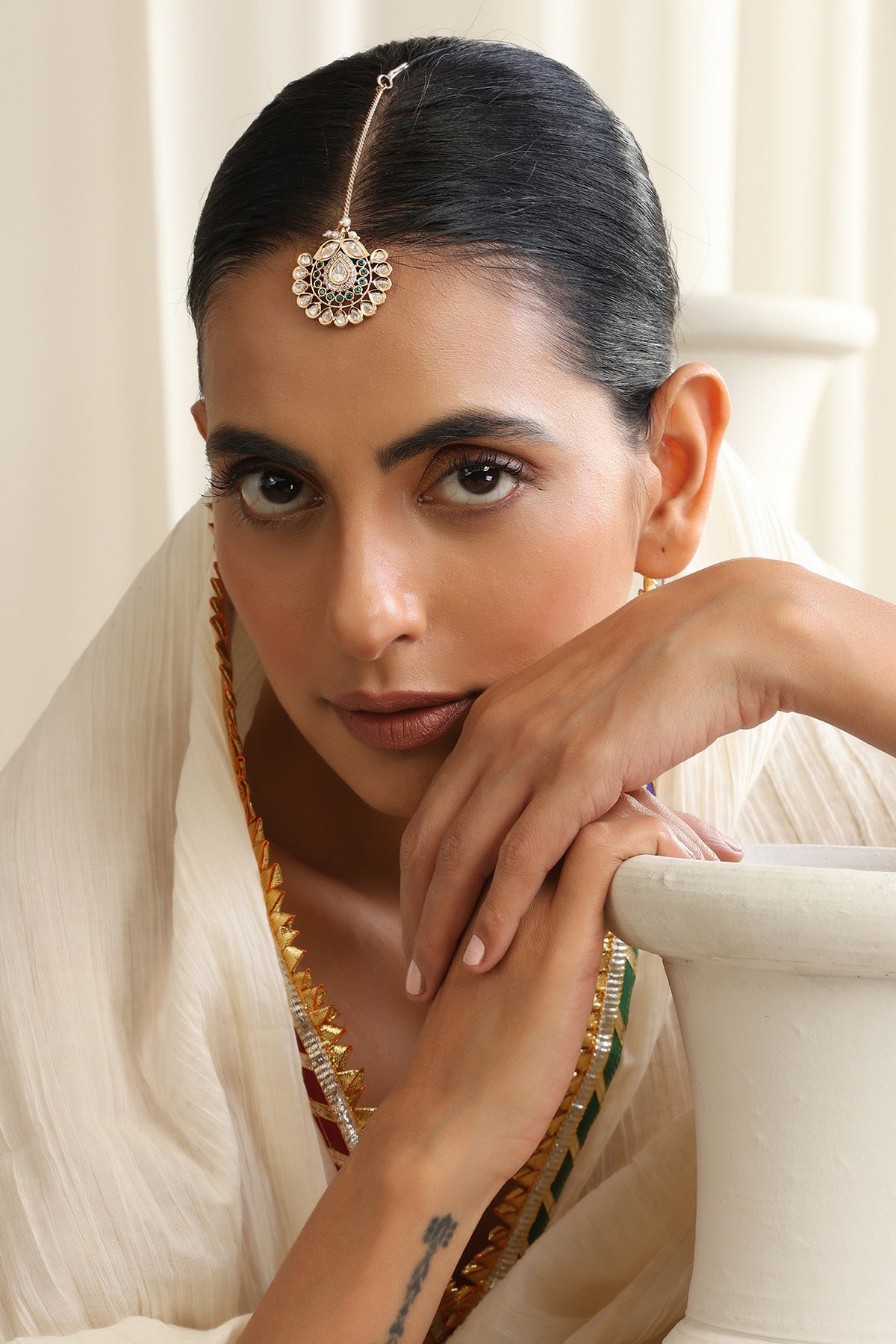 Rose Gold Finish Green Kundan Polki Maangtikka